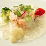 むくの実亭 - 帆立・海老・アスパラのゼリー寄せ新じゃがのソース