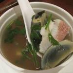 Aman at Summer Palace Beijing  - 香菜皮蛋斑片湯／Boiled Sliced Spotted Garoupa Soup with Century Egg and Coriander