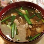 道の駅 おがわら湖 湖遊館 - モクズ蟹汁；舞茸を加えて温め, 仕上げに韮を散らしました @2018/03/21