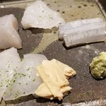 馳走 啐啄一十  - ⑧ 細魚(広島県呉産・7 日熟成)
      
      ⑨真鯛(山口県周防大島・30%放血の脱水仕込み・7日寝かせ)
      
      ⑩ カワハギ (瀬戸内海産・2日寝かせ)
      
      ⑪ 真鯒(まごち)(広島県豊島産・3日寝かせ)