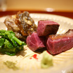 銀座 しのはら - 尾長鴨備長炭焼き、鼈天ぷら