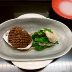 味舌 - 先付：鮑と浅利・菜花