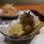 日本料理 幸庵 - ホワイトアスパラの木ノ芽味噌がけ クエの皮添え