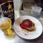 難波屋 - 「ハンバーグ」（１５０円込）「大瓶ビール」（５００円込）（２０１８年３月）