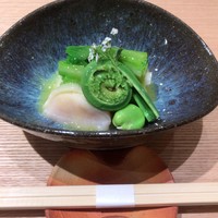 日本料理 e. - こごみと空豆ホタテのからし餡掛け
