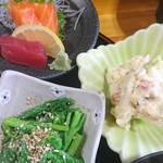 割烹居酒屋 やすまろ - お刺身、ポテトサラダ、なばなのおひたし