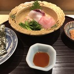 はらまさ - お刺身、金目鯛と鯛、あん肝や海苔と共に