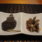 うなぎ屋酒坊・画荘 越後屋 - 姫サザエ＆ウナギの骨せんべい