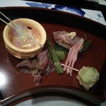 Sukai Resutoran 'Tanchou' - 蟹ゼリー寄せ 蛍烏賊酢味噌掛け 桜肉寿司など。