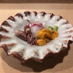 うを徳 - 明石 鯛 + 蛍烏賊 + 釧路 馬糞雲丹