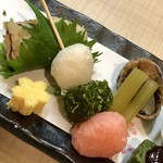 かず味家 - なめろう、三色団子、蕗、胡麻豆腐