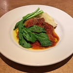 スガハラ - 米沢牛 すね肉 ボイル 台湾 茸のトマトソース + 米沢 茎立菜 + じゃがいも