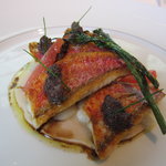 ベージュ アラン・デュカス 東京 - ヒメジのア・ラ・プランチャ、ココ豆とタップナード