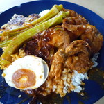 Nasi Kandar Line Clear - 旨味の濃い小イカのカレー、お店名物のオクラ、殻付きで塩味の強い茹で卵は白ご飯に合う！