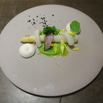 sincere - ホワイトアスパラガスと菜の花のソテー アオリイカと鯵と1