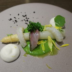 sincere - ホワイトアスパラガスと菜の花のソテー アオリイカと鯵と2