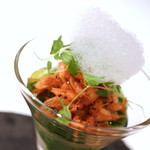 桜エビのフリット　ブッラータチーズとピゼッリのパフェ