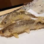 にい留 - (16)稚鮎
      これも春のはしり。
      活きの良い稚鮎を油に泳がせて、揚げられます。
      ほのかな苦味、そして薫り、最後に甘み。
      絶妙な春の喜びです♪