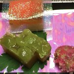 食べるお宿 浜の湯 - サーモン寿司、うぐいす南瓜、蚕豆新びき揚げ