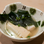 うを徳 - 2018.4 花山椒鍋1杯目（京都塚原白子筍、鳴門若布、焼津黒ムツ）