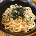 自家製麺つけ麺 紅葉 - 地鶏卵の釜玉麺（おくら納豆トッピング）