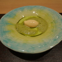 Restaurant つじ川 - グリーンピースと抹茶のスープ、フォアグラのムース