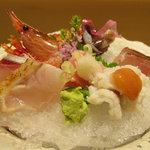 澤いち - お刺身（生トリ貝・ノドクロの炙り・いさき・メジマグロトロ・シマ海老その他）