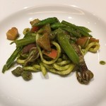 ホタルイカ、アスパラガスのパスタ、バジルソース