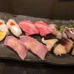 Sushi Teshima - 中トロ ブリ ひらめ  みる貝 あじ