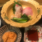 はらまさ - タイ、むつのお造り、あん肝ソース