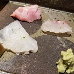 馳走 啐啄一十  - ⑦カワハギ (瀬戸内海産・5日寝かせ)
      
      ⑧真鯛 (山口県周防大島・30%放血の脱水仕込み・当日もの)
      
      ⑨金目鯛(静岡県天竜川沖産・8日熟成)