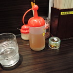 呼び戻しとんこつ 光四郎 - 箸は割り箸、お冷や二杯目からセルフ、ティッシュとペーパーナプキン常備、店内禁煙。 　荷物かご有り、髪留めゴムあり