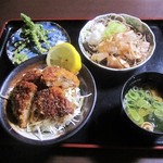 Shige Jirou - 今庄好み（おろしそば＋ミニソースカツ丼）　天ぷら（コゴミ、フキノトウ）は山菜が手に入ったのでとサービスしていただきました。