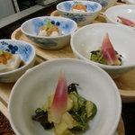 Rakusai - 前菜で生湯葉と胡麻豆腐・賀茂茄子の和え物