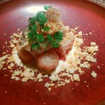 BANQUE - 牡蠣のと帆立のベーコン巻きのベニエ　ミモレットソース
