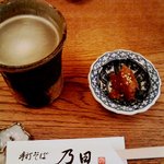 手打そば 乃田 - 長野県の橘倉酒造の蕎麦焼酎「峠」の蕎麦湯割りと蕎麦味噌