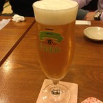 十割蕎麦みかあさ - みかあさ　ビールで乾杯！飲み干した後にエンジェルリングが出来ていたので、ビールの継ぎ方も上手！