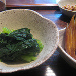 眠庵 - 小松菜のお浸し、茗荷の醤油漬け