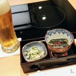 美々卯 - 雛すき前菜とビール