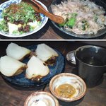 葱や平吉 - 肉味噌豆腐に万願寺とうがらし黒焼き 丸玉ねぎ黒焼きに「ネギ焼酎」お湯割り