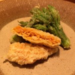 割烹・蕎麦 波と風 - 兵庫の生ばちこ、コシアブラ、タラノメ(だったかな)の天麩羅。稀少な生ばちこを贅沢に。絶品。