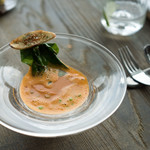 à nu retrouvez-vous - 海老のビスク　これ中にタコ足の吸盤みたいなぷりぷりしたやつ入っててガーリックパンとの相性も良く旦那がいたく気に入ってた