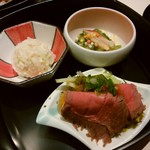 Umeno Hana - 北寄貝と菜の花の辛子酢味噌和え ・春の卯の花煮 ・ローストビーフ 