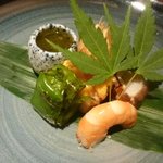 野菜割烹 あき吉 - 前菜、初夏の八寸 、縄県産細もずく 、ほうずきトマト 、野菜真丈 、万願寺唐辛子焼浸し 絹かつぎ