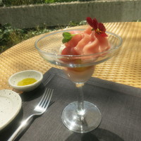TRATTORIA CREATTA - トマトのパフェ　トマトのムース　プチトマトのマリネ　トマトのシャーベット　桃のエスプーマ　チーズ入り