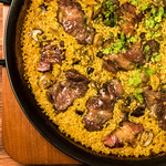 2 servings of Iberico pork and mushroom paella