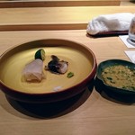 鮨 さかい - お造りは鐘崎のまこ鰈、三河湾の鳥貝、鰈の肝ポン酢