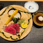 おにく 花柳 - 和牛いちぼの叩き 卸ポン酢 酢橘塩