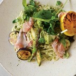 Genovese pasta with Prosciutto and grilled vegetables