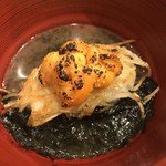 あま屋 - 白身魚、540男爵　ウニ（直前に海苔のスープがかけられます。）
